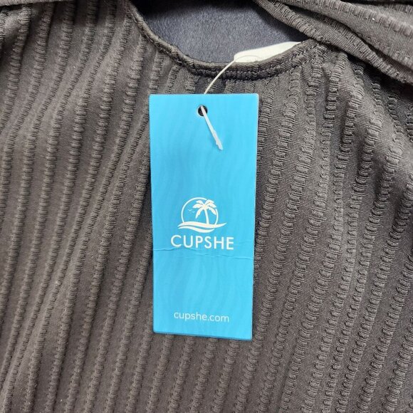 Black Ribbed One-Piece Swimsuit  Plunge Neckline Waist Detail Cupshe  Size S - Picture 2 of 9